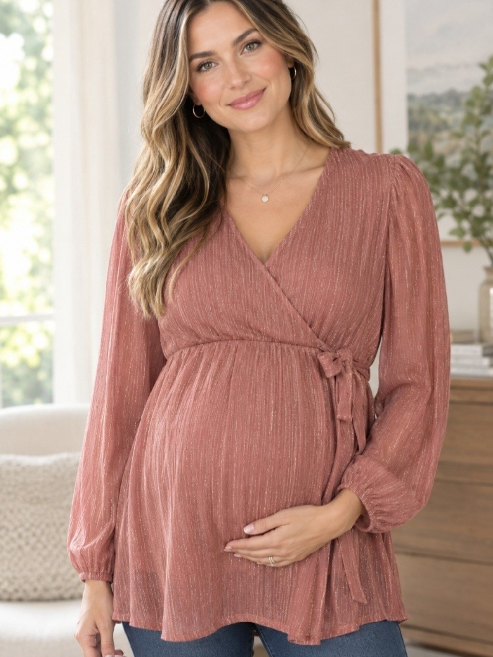 Siren Lily Maternity Womens Size Small Long Sleeve Shimmer Faux Wrap Blouse